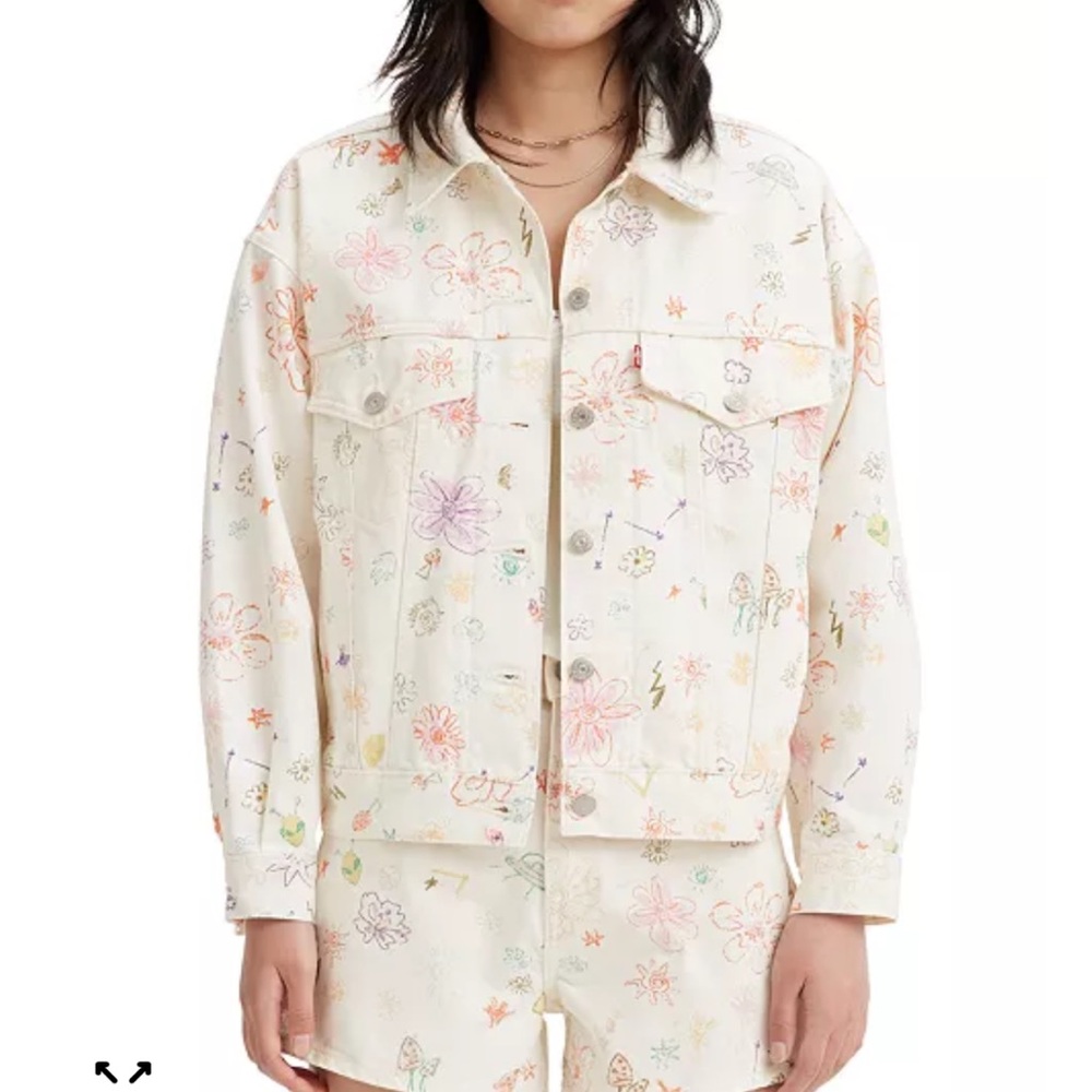 Floral Cream Denim Jacket Women's Floral-Print‎ 90s Pocket-Front Cotton Trucker